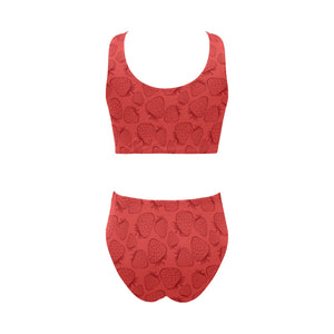 strawberry pattern red background Chest Bowknot High Waisted Bikini Swimsuit
