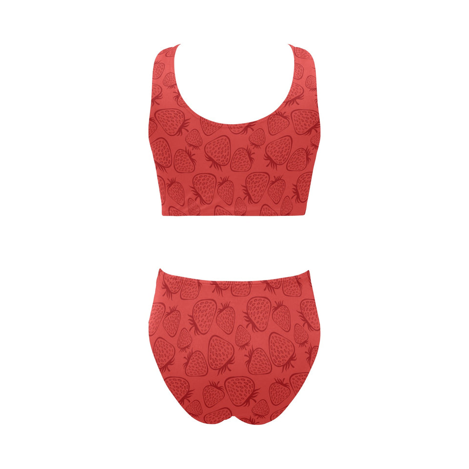 strawberry pattern red background Chest Bowknot High Waisted Bikini Swimsuit