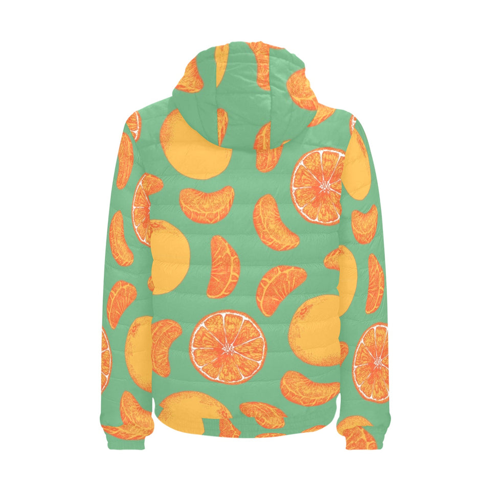 orange fruit pattern green background Men's Padded Hooded Jacket