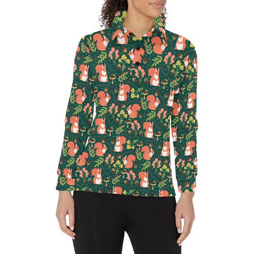 Squirrel Pattern Print Design 03 Women's Long Sleeve Polo Shirt