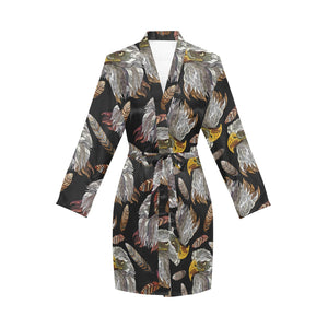 Eagle Pattern Print Design 05 Women's Long Sleeve Belted Night Robe