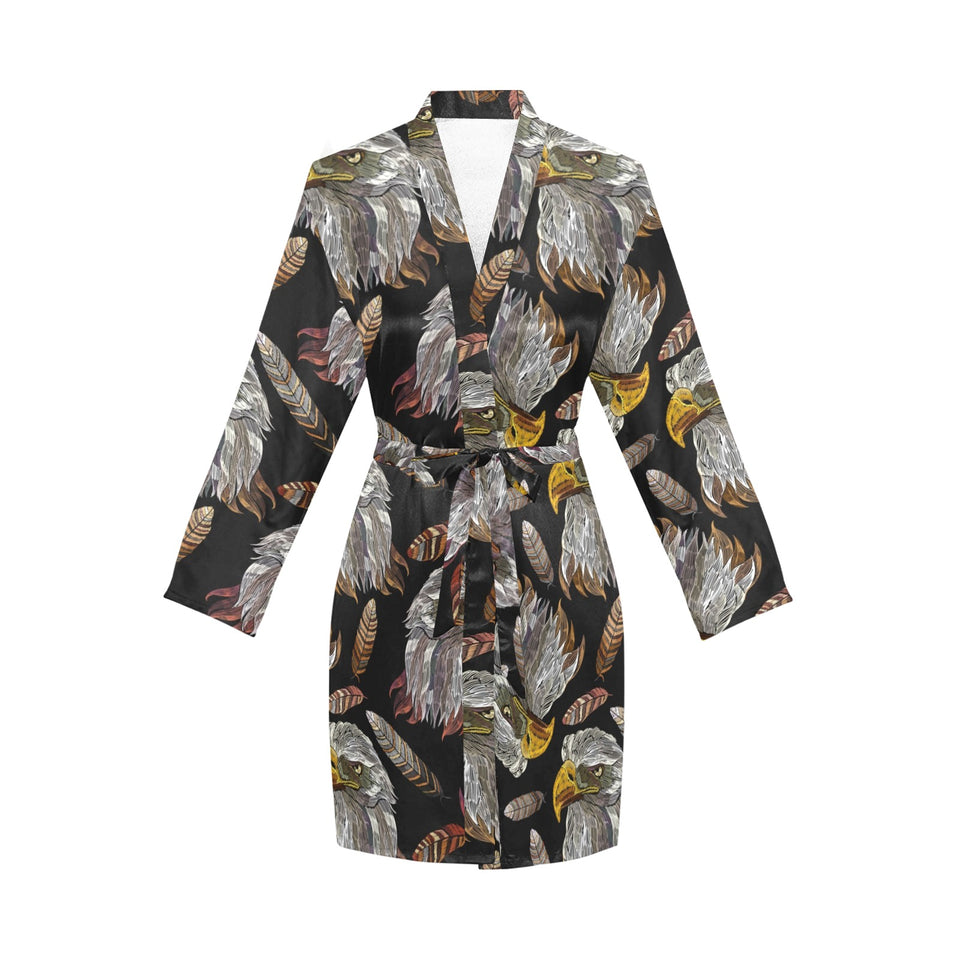 Eagle Pattern Print Design 05 Women's Long Sleeve Belted Night Robe