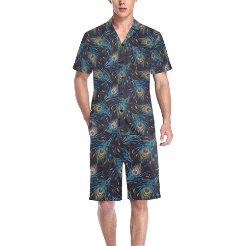 Beautiful peacock feather pattern Men's V-Neck Short Pajama Set