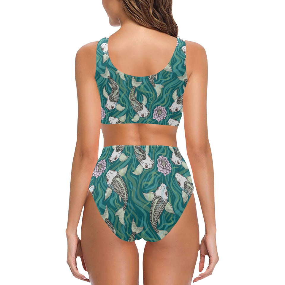 Koi Fish Carp Fish lotus pattern Chest Bowknot High Waisted Bikini Swimsuit