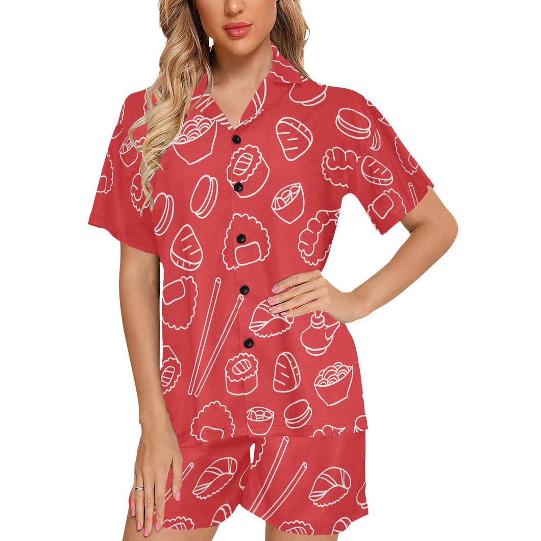 sushi pattern red background Women's V-Neck Short Pajama Set