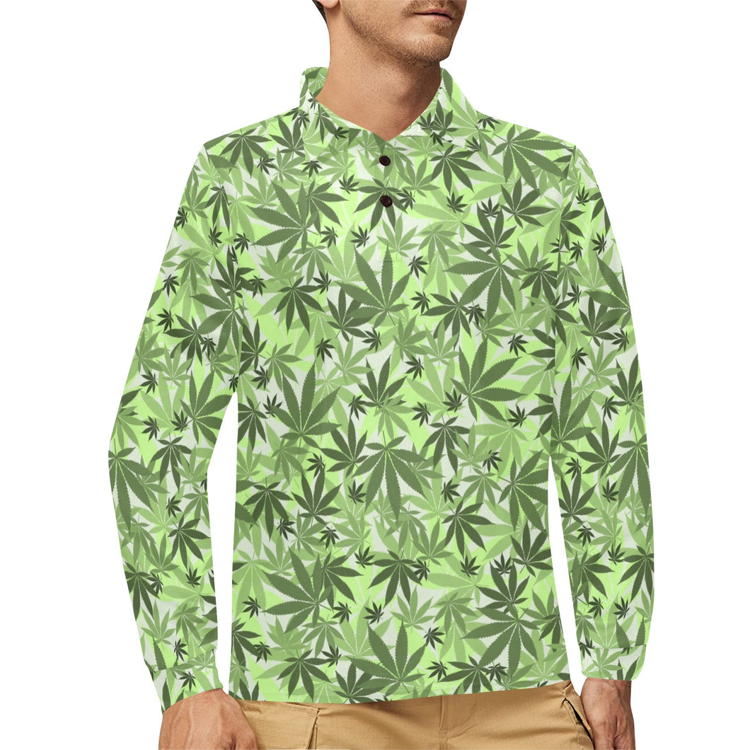 Canabis Marijuana Weed Pattern Print Design 01 Men's Long Sleeve Polo Shirt