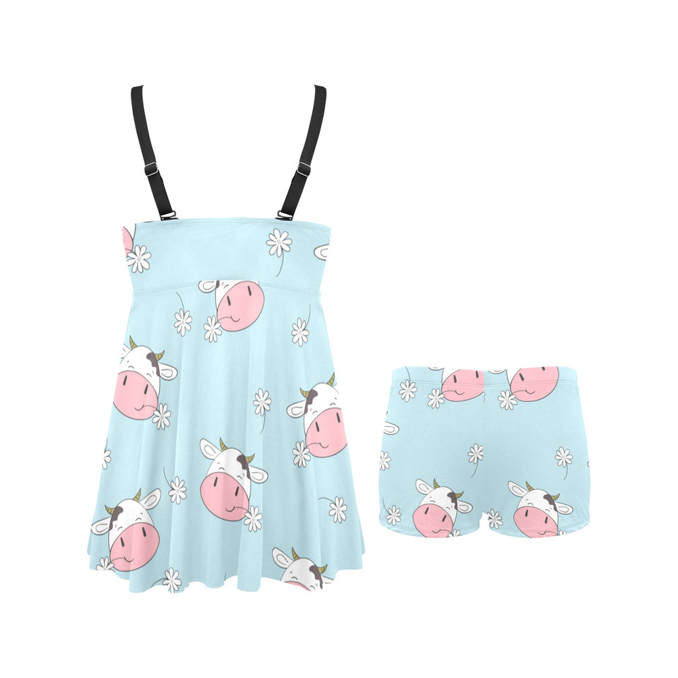 Cute cow flower pattern Chest Sexy Pleated Two Piece Swim Dress