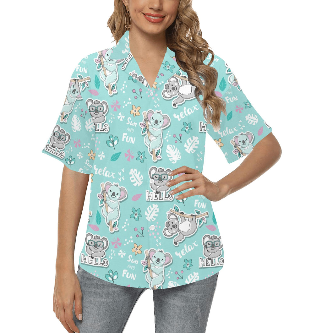 Cute koalas blue background pattern Women's All Over Print Hawaiian Shirt