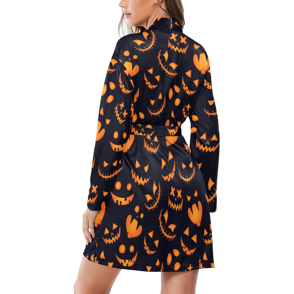 Halloween pattern Pumpkin background Women's Long Sleeve Belted Night Robe