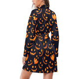 Halloween pattern Pumpkin background Women's Long Sleeve Belted Night Robe