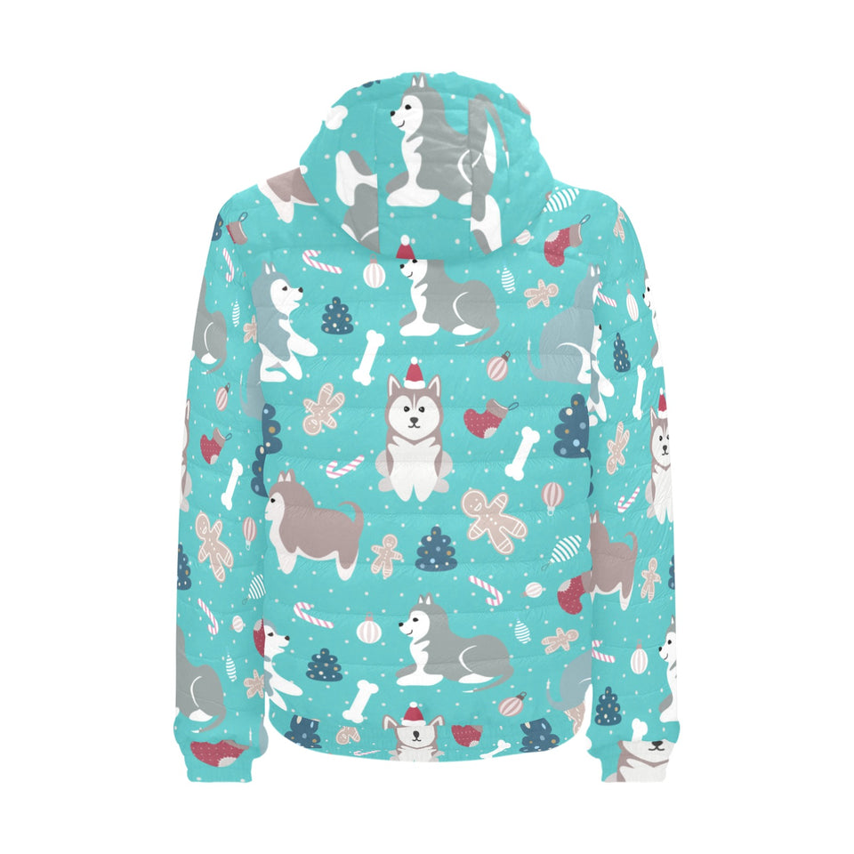 Christmas cute siberian husky puppie pattern Men's Padded Hooded Jacket