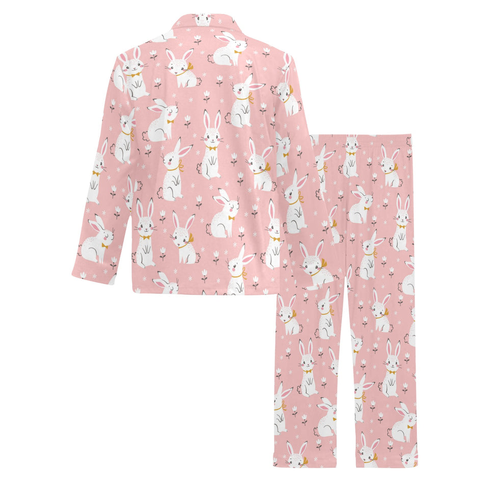 Cute white rabbit flower pink background Men's Long Pajama Set