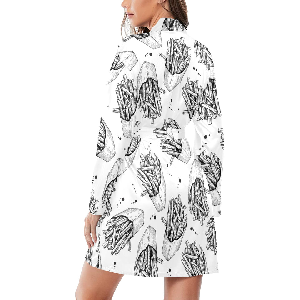 Hand drawn french fries pattern Women's Long Sleeve Belted Night Robe