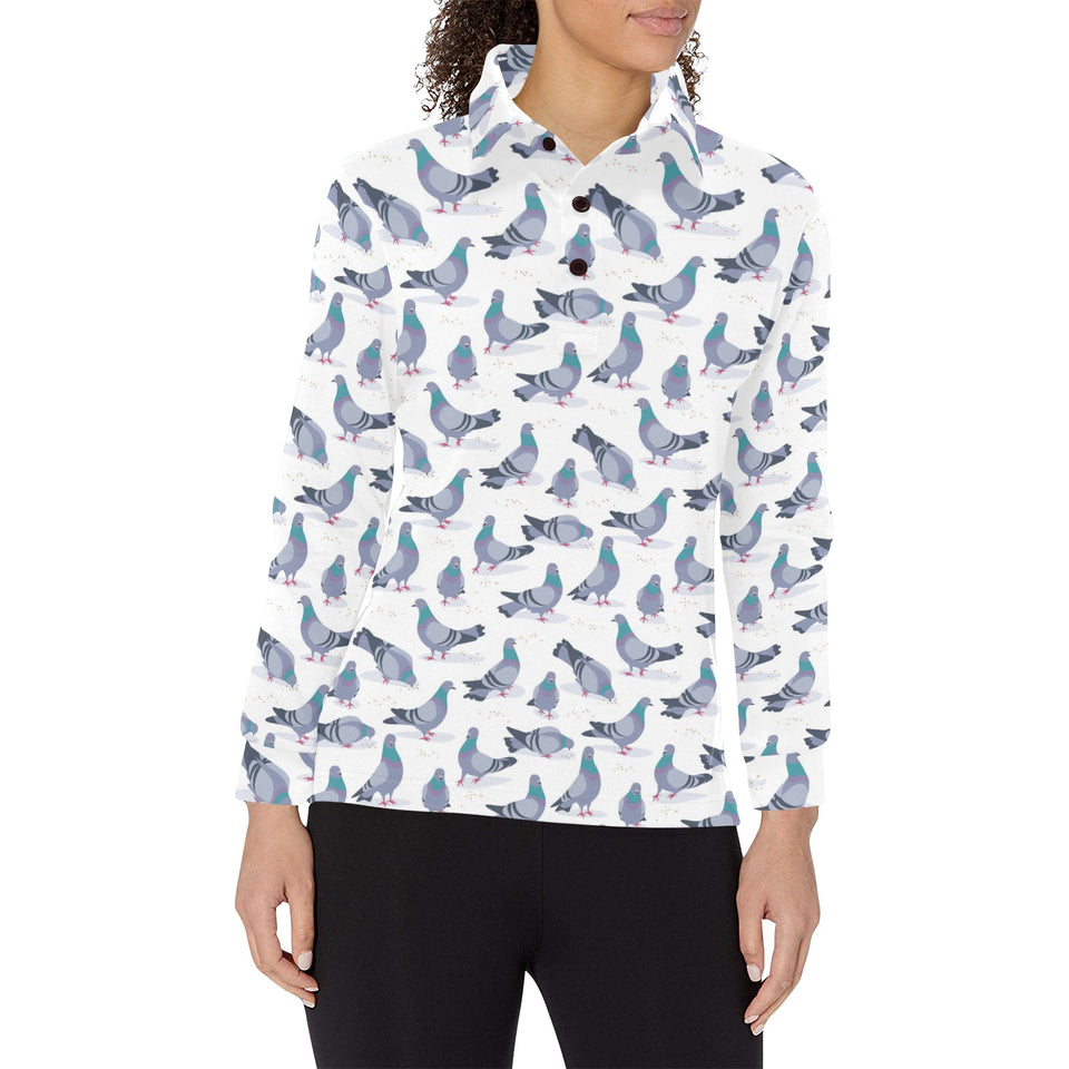 Pigeon Pattern Print Design 03 Women's Long Sleeve Polo Shirt