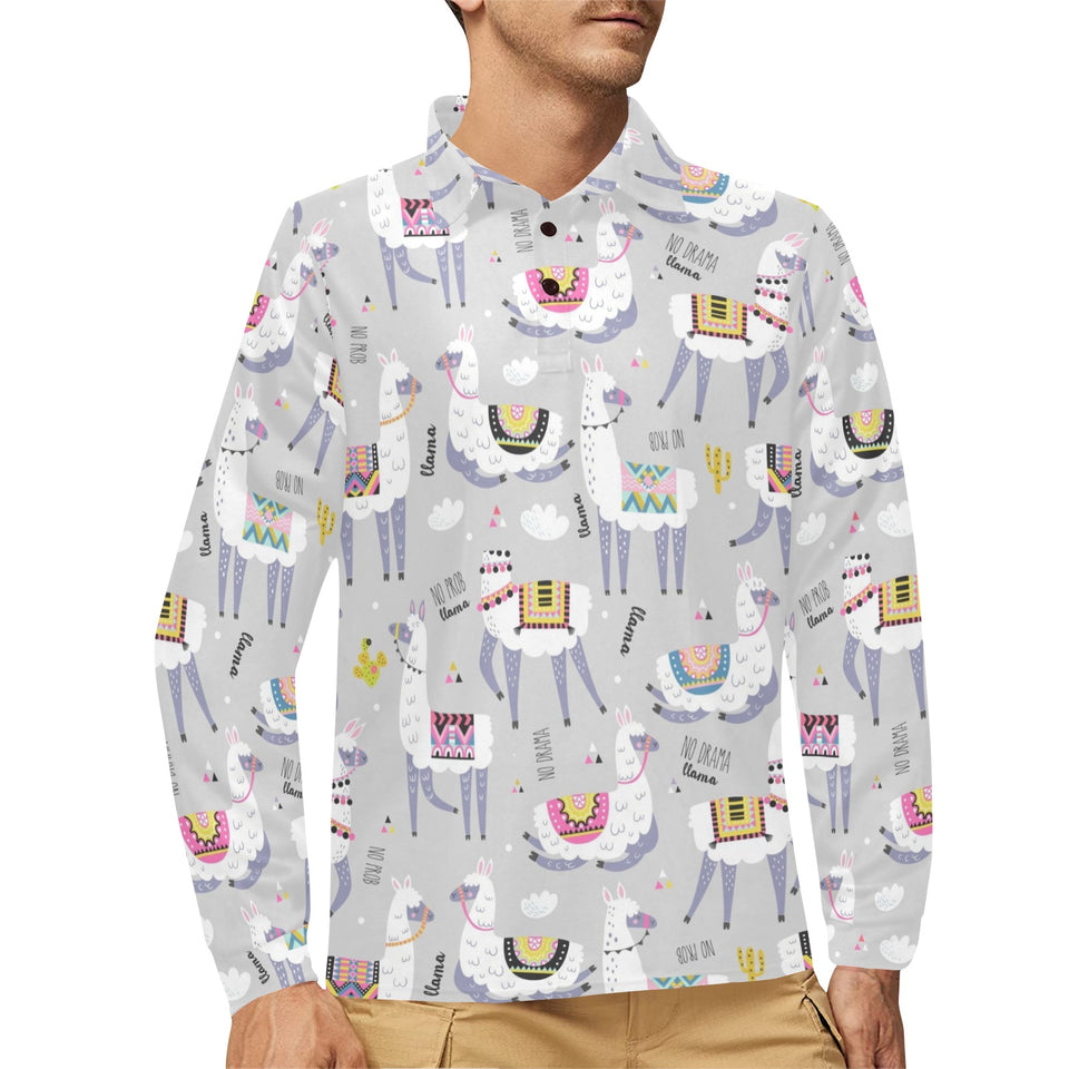 Cute Llama Alpaca pattern Men's Long Sleeve Polo Shirt
