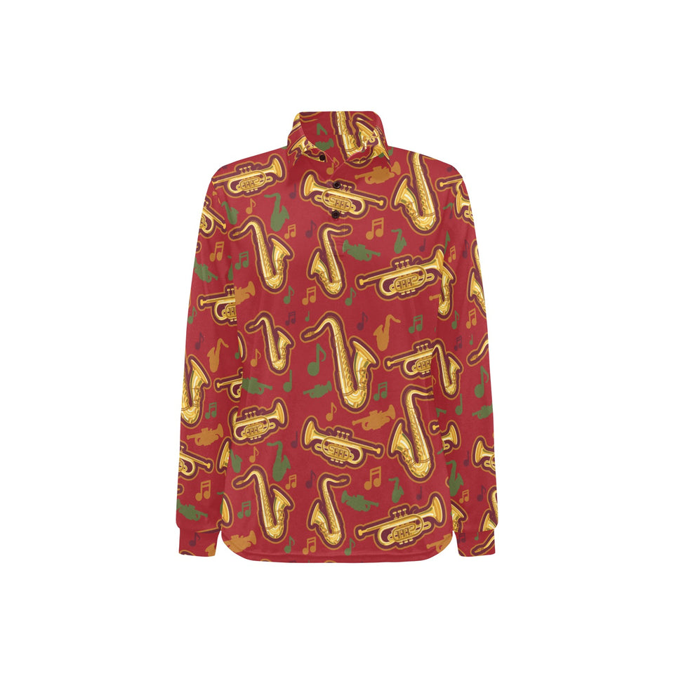 Saxophone cornet pattern red background Women's Long Sleeve Polo Shirt