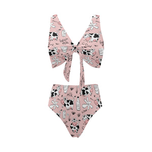 Cows milk product pink background Chest Bowknot High Waisted Bikini Swimsuit