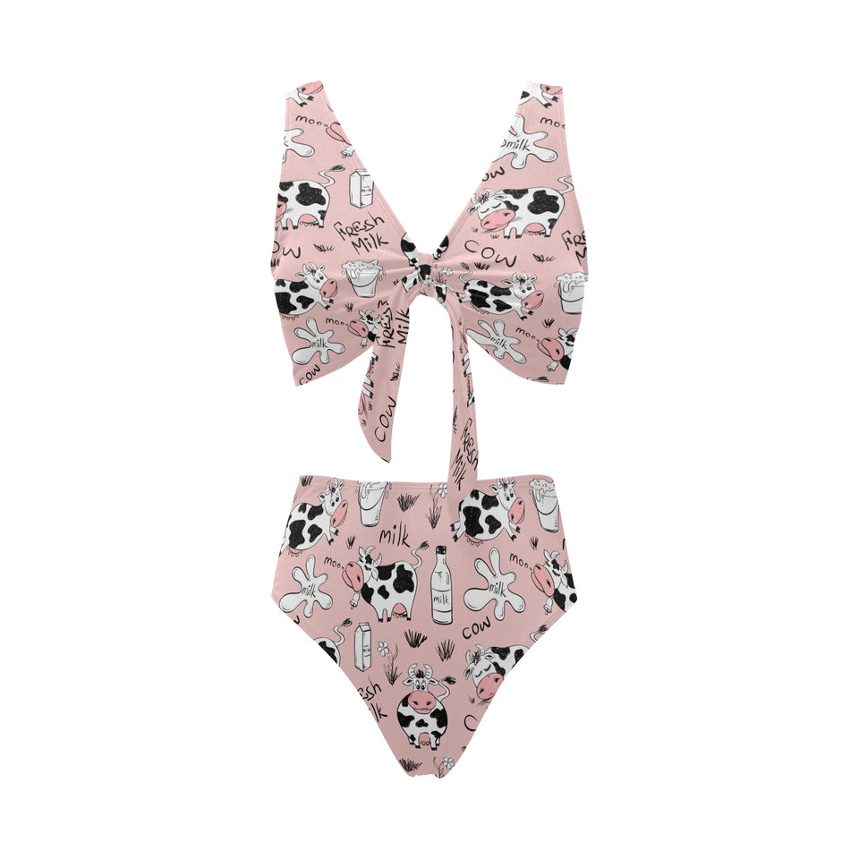 Cows milk product pink background Chest Bowknot High Waisted Bikini Swimsuit