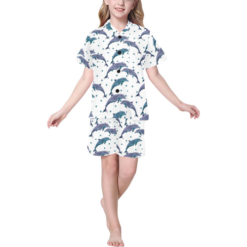 Dolphins pattern dotted background Kids' Boys' Girls' V-Neck Short Pajama Set