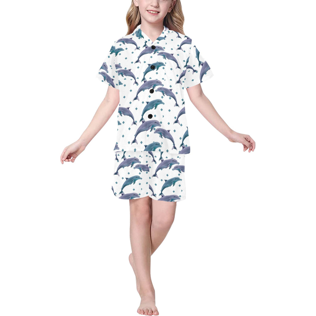Dolphins pattern dotted background Kids' Boys' Girls' V-Neck Short Pajama Set