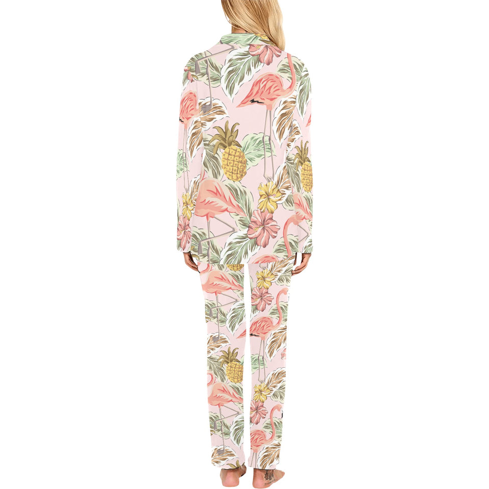 Pink flamingo birds pineapples hibiscus flower pat Women's Long Pajama Set