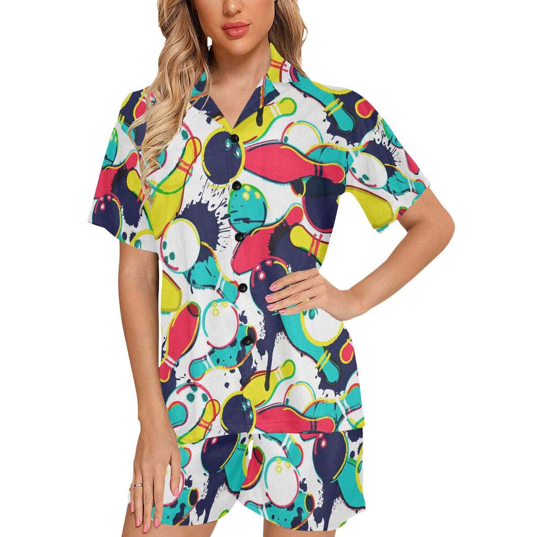 watercolor bowling ball pins Women's V-Neck Short Pajama Set