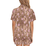 Pink sakura cherry blossom drak brown background Women's V-Neck Short Pajama Set