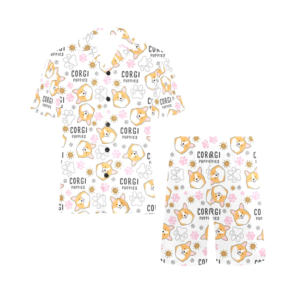 Corgi Dog Pattern Men's V-Neck Short Pajama Set