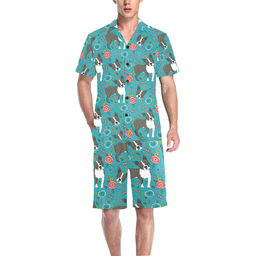 Boston terrier beautiful flower pattern Men's V-Neck Short Pajama Set