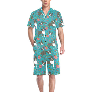 Boston terrier beautiful flower pattern Men's V-Neck Short Pajama Set