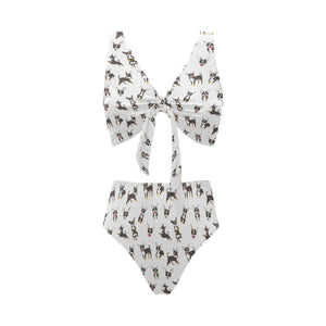 Chihuahua dog pattern Chest Bowknot High Waisted Bikini Swimsuit