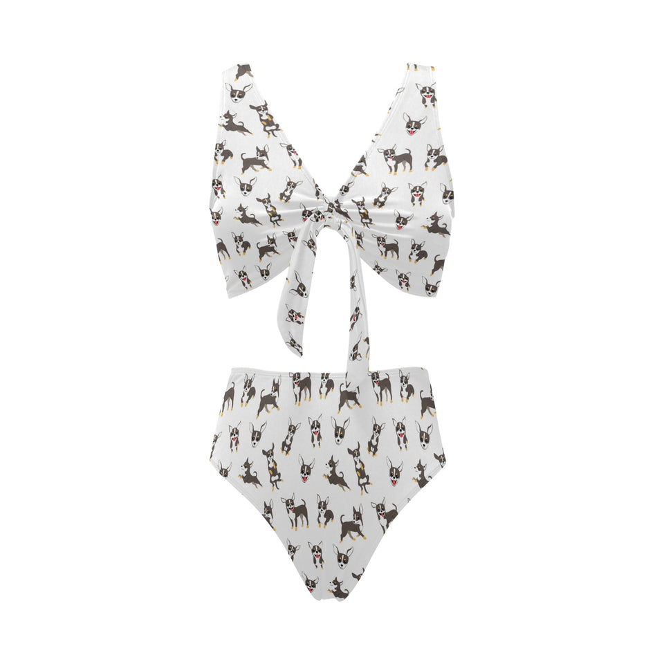Chihuahua dog pattern Chest Bowknot High Waisted Bikini Swimsuit