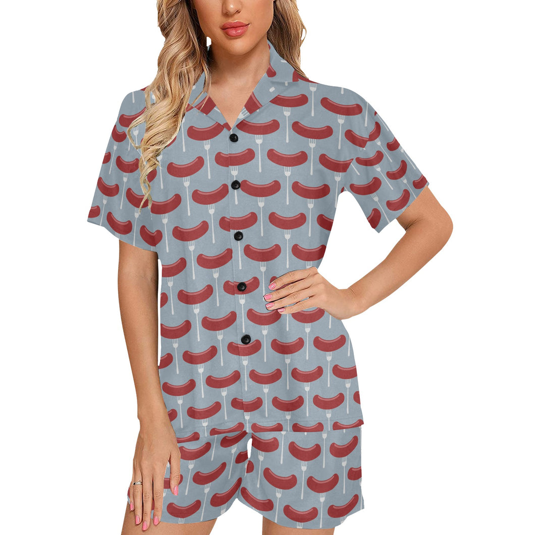 Sausage Pattern Print Design 02 Women's V-Neck Short Pajama Set