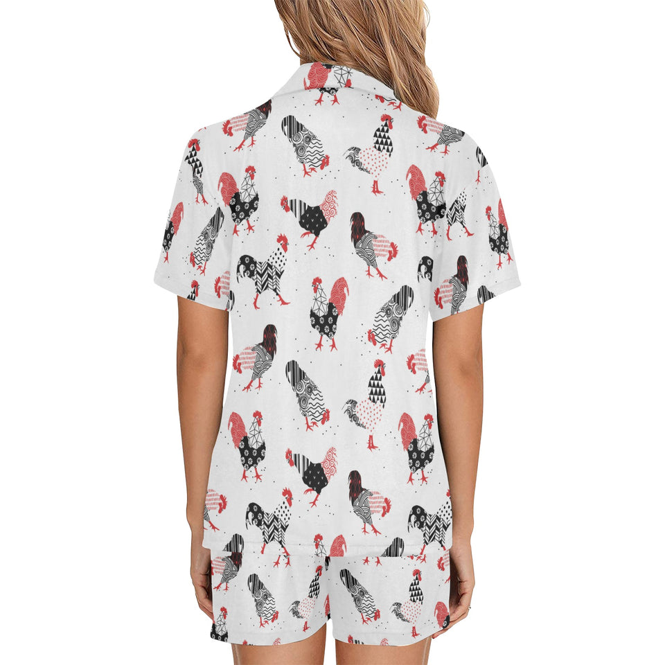 Cool rooster chicken cock floral ornament backgrou Women's V-Neck Short Pajama Set