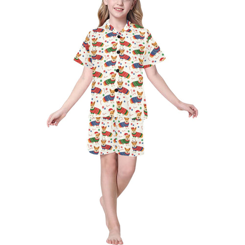 Corgi Christmas Pattern Kids' Boys' Girls' V-Neck Short Pajama Set