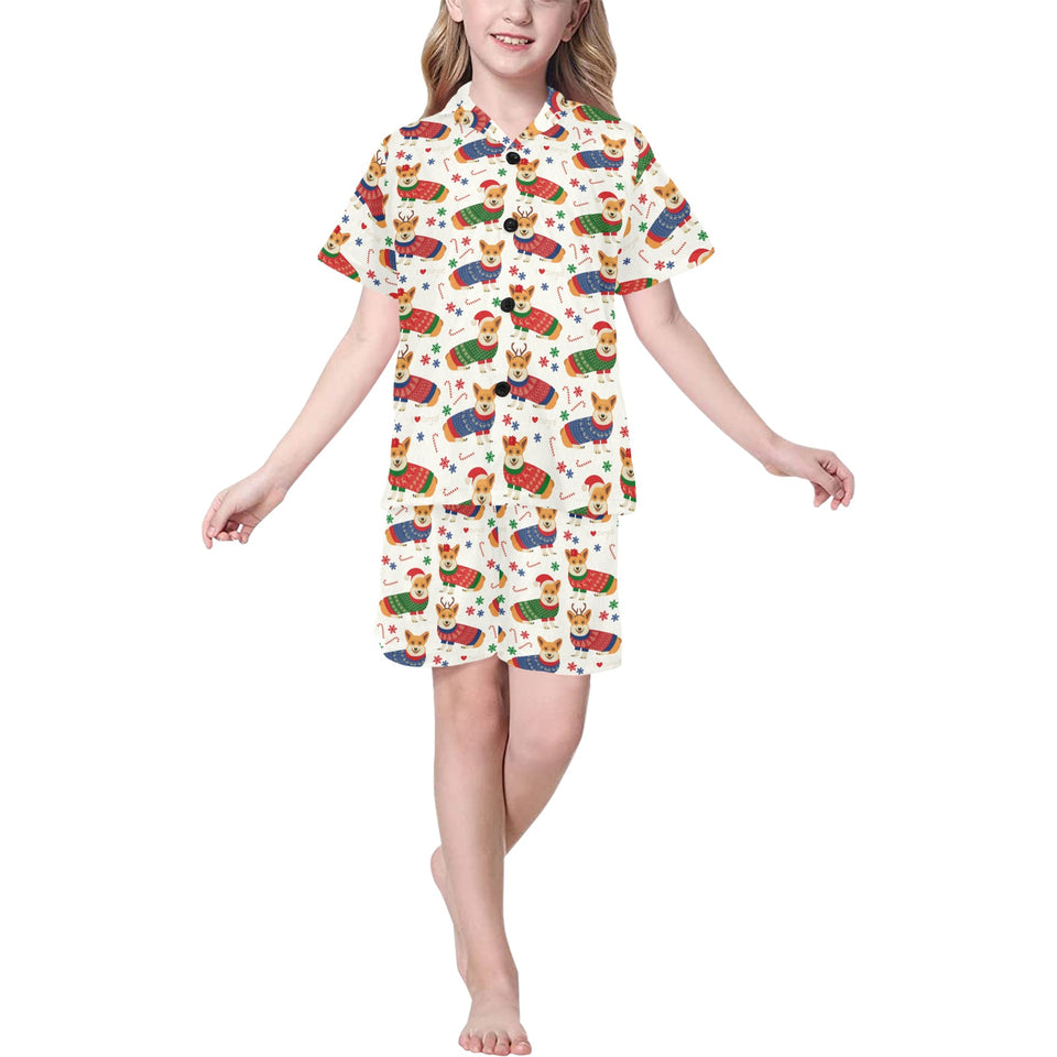 Corgi Christmas Pattern Kids' Boys' Girls' V-Neck Short Pajama Set