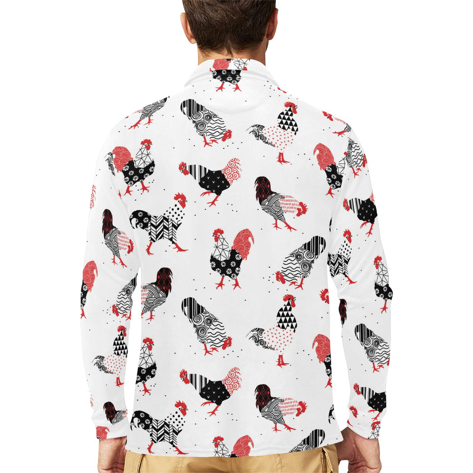 Cool rooster chicken cock floral ornament backgrou Men's Long Sleeve Polo Shirt
