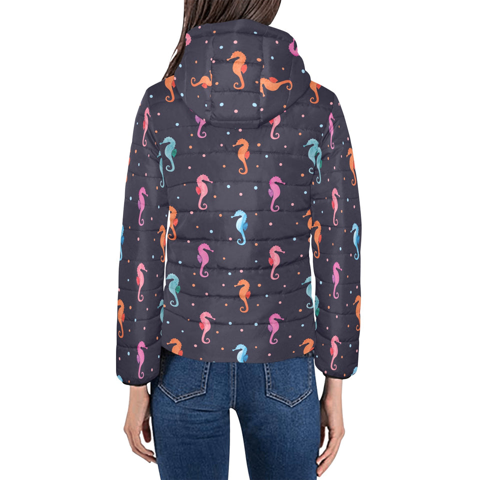 Watercolor colorful seahorse pattern Women's Padded Hooded Jacket