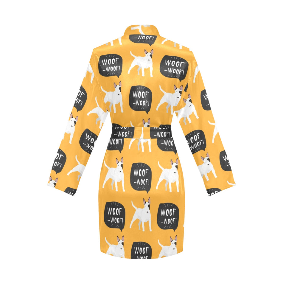 Bull Terrier Pattern Print Design 03 Women's Long Sleeve Belted Night Robe