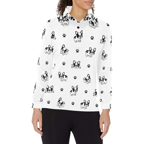 Cute french bulldog paw pattern Women's Long Sleeve Polo Shirt