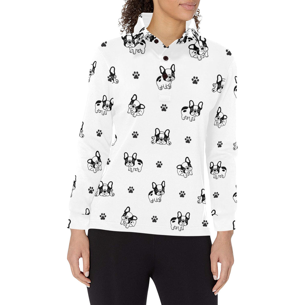 Cute french bulldog paw pattern Women's Long Sleeve Polo Shirt