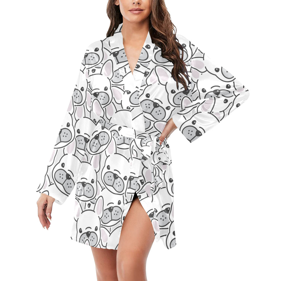 Cute french bulldog head pattern Women's Long Sleeve Belted Night Robe