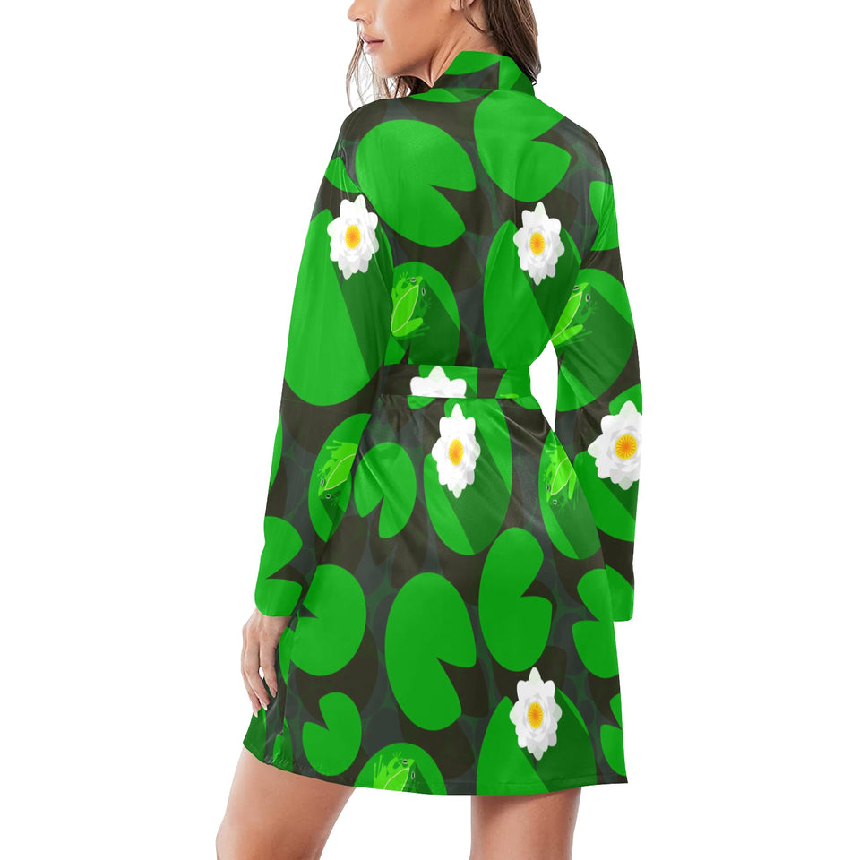Frog waterlily pattern Women's Long Sleeve Belted Night Robe