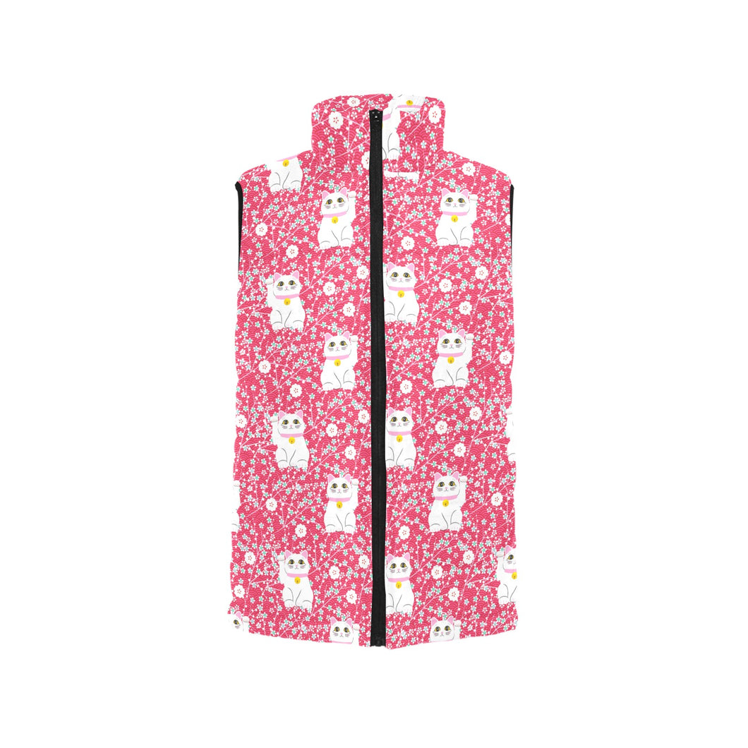Maneki neko cat sakura pink background Men's Padded Vest