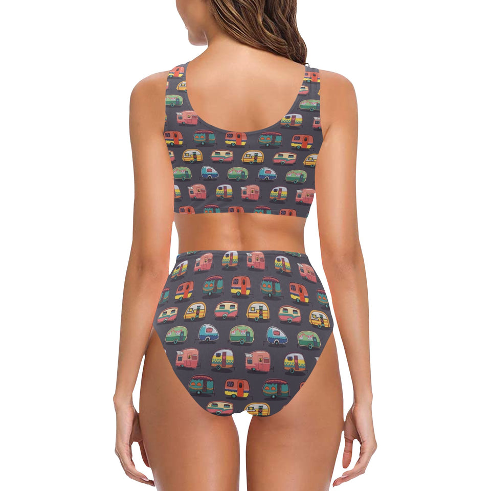Camper Van Pattern Print Design 02 Chest Bowknot High Waisted Bikini Swimsuit