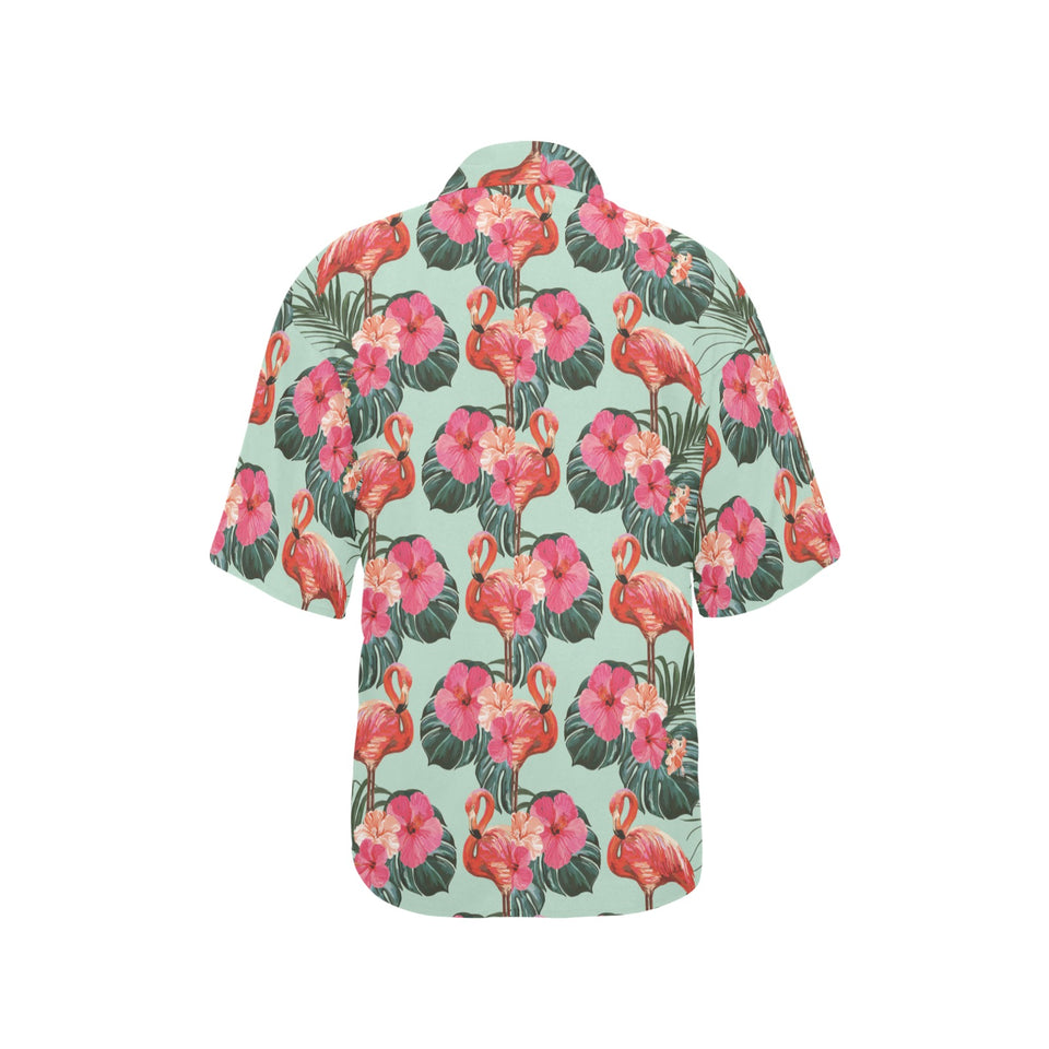 Beautiful flamingo tropical palm leaves hibiscus p Women's All Over Print Hawaiian Shirt