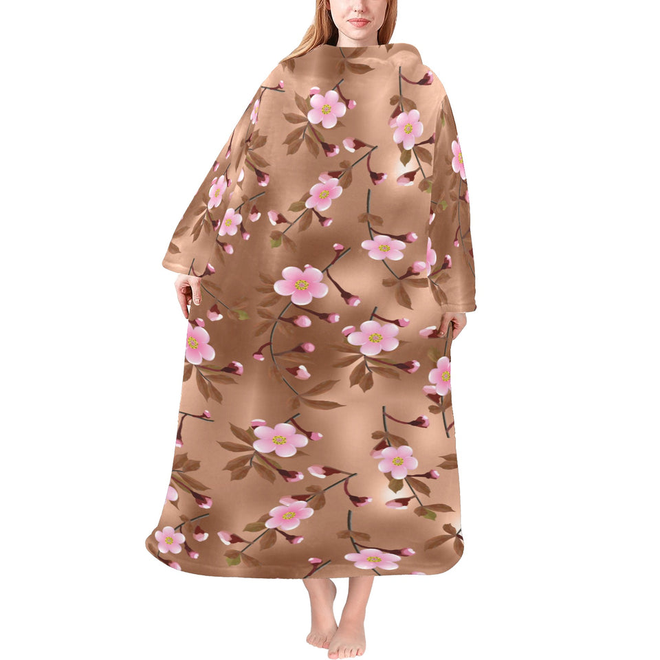 Pink sakura cherry blossom drak brown background Blanket Robe with Sleeves