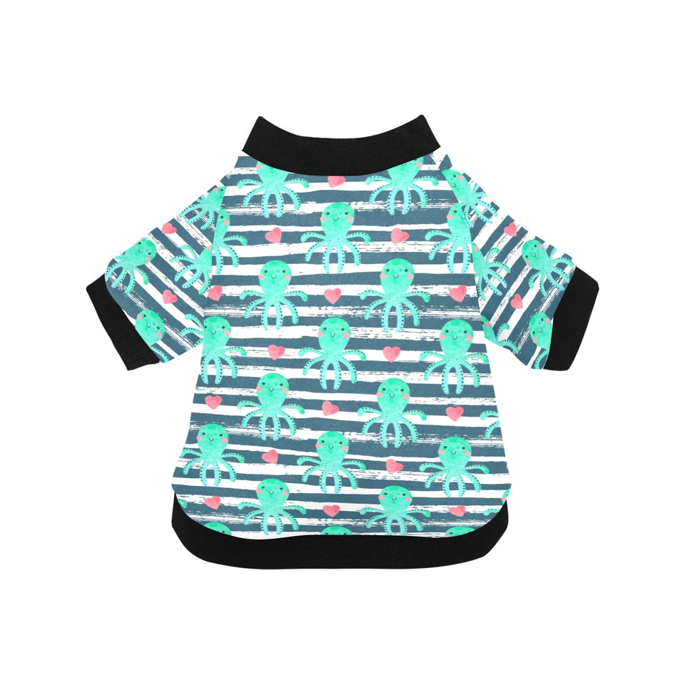 Cute octopuses heart striped background All Over Print Pet Dog Round Neck Fuzzy Shirt
