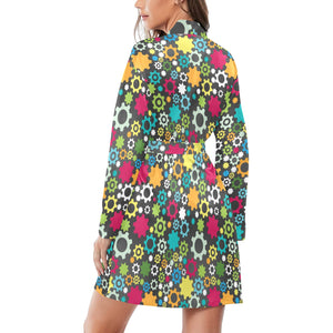 Gear Pattern Print Design 03 Women's Long Sleeve Belted Night Robe