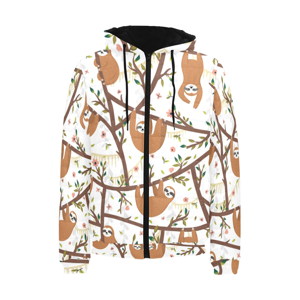 Sloths hanging on the tree pattern Men's Padded Hooded Jacket